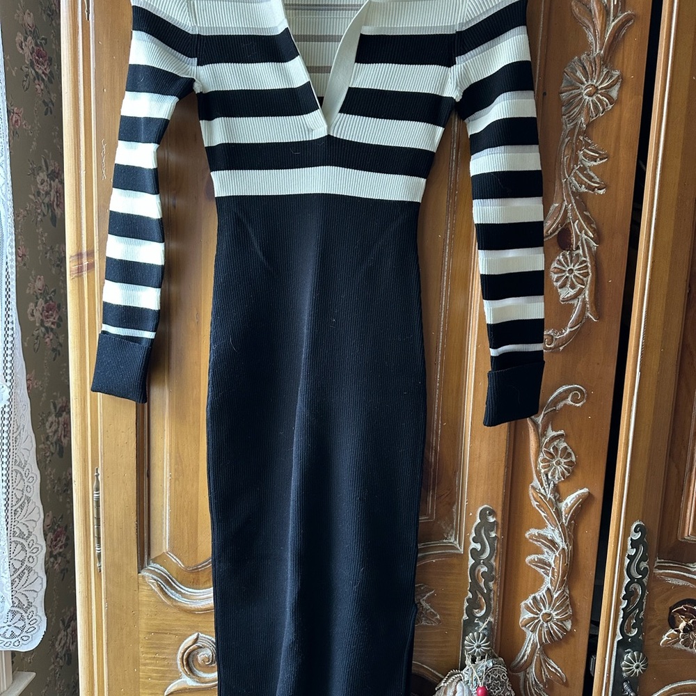 Elegant Black and White Striped Dress from Bailey 44